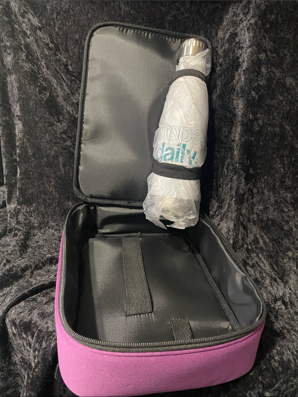 Purple Padded Lunch Bag with bottle and Secure Zippers